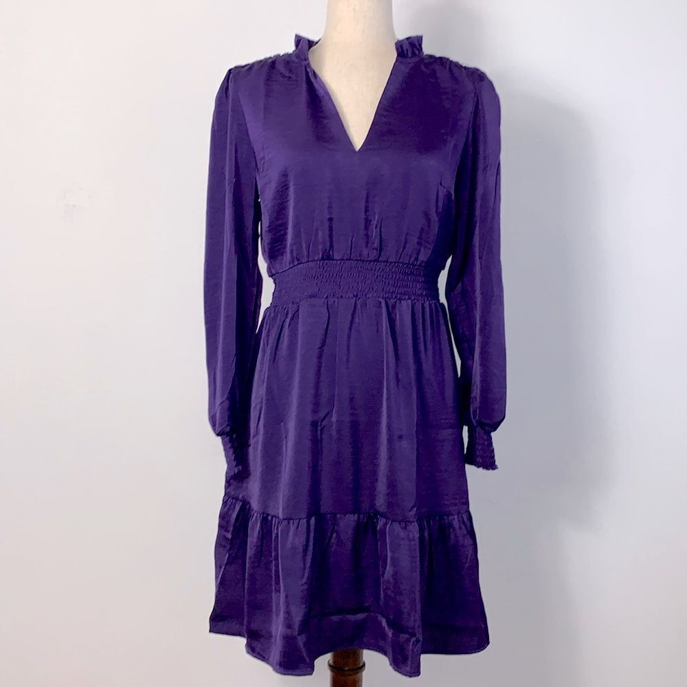 NWT Lucky Brand Satin Ruffle Blouson Tiered V-Neck Dress Parachute Purple Sz S